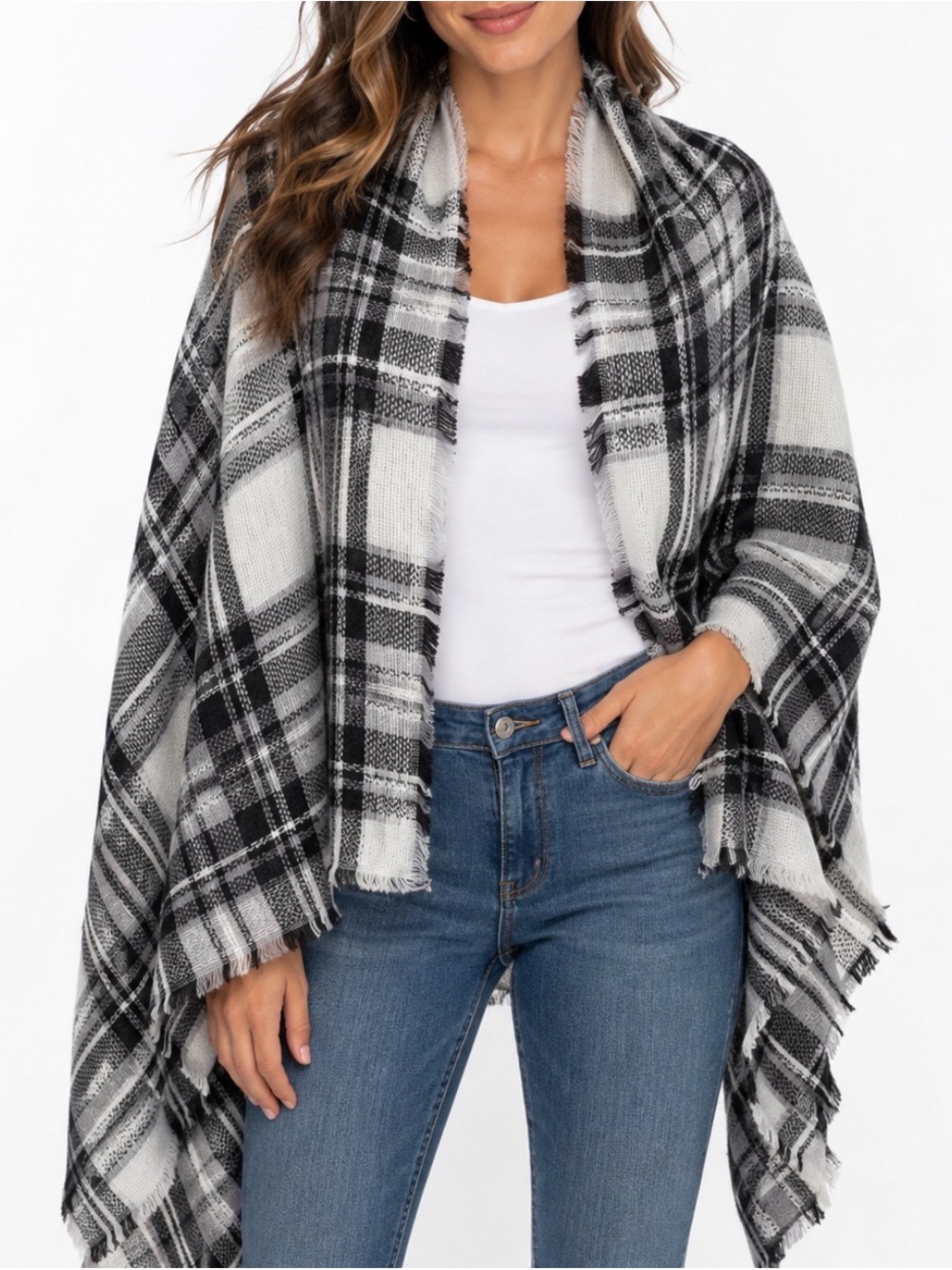 Mod Cloth Black and White Plaid blanket scarf large oversized shawl fall winter